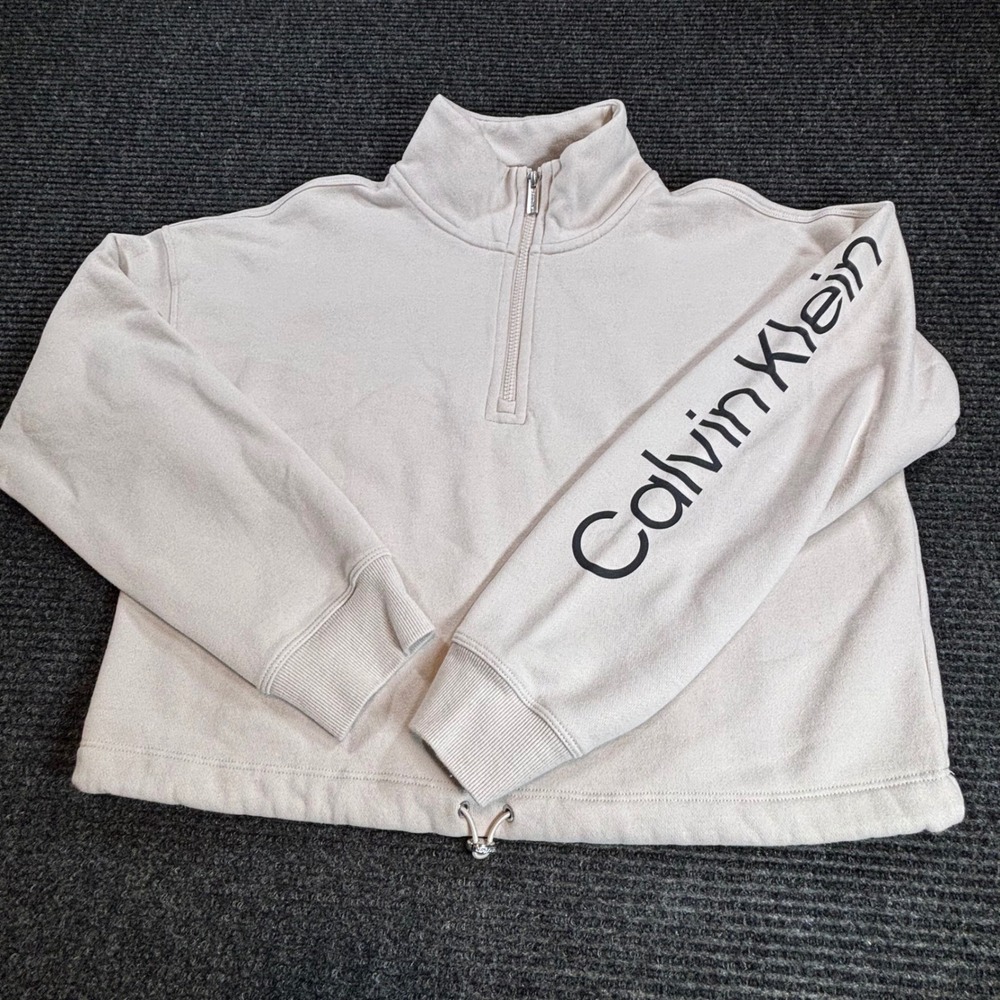 Calvin Klein Jeans Womens Quarter Zip Sweatshirt Beige‎ Logo Sleeve Large